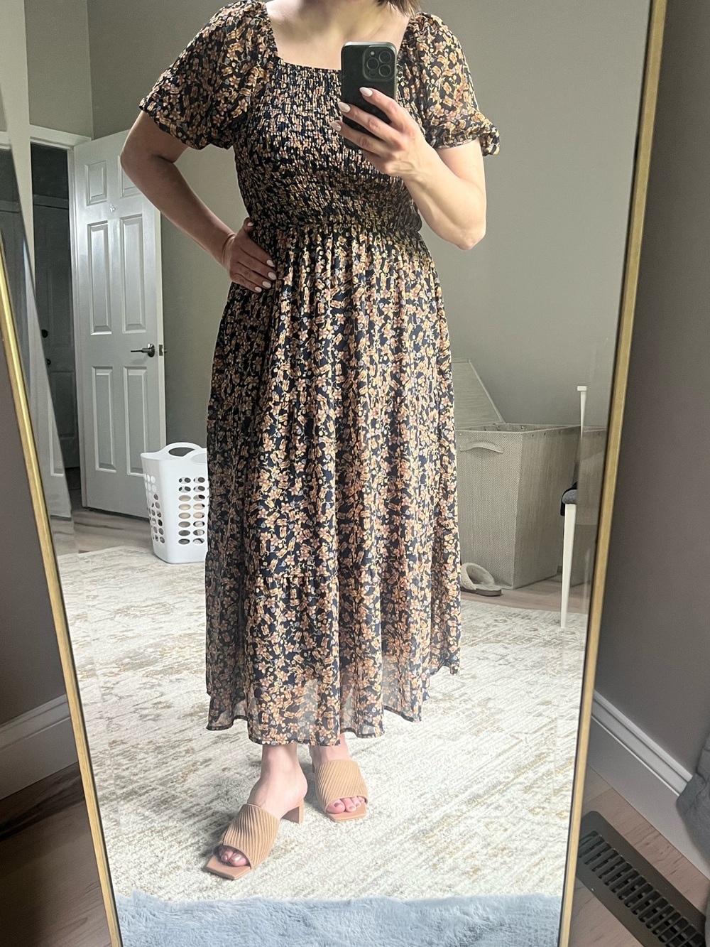Baltic Born Navy Floral Puff-Sleeve Midi Dress Large
